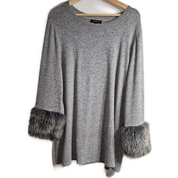 Lane Bryant Heather Grey Sweater-Top with Faux Fur Cuff Sleeves Size 18 - Picture 2 of 7